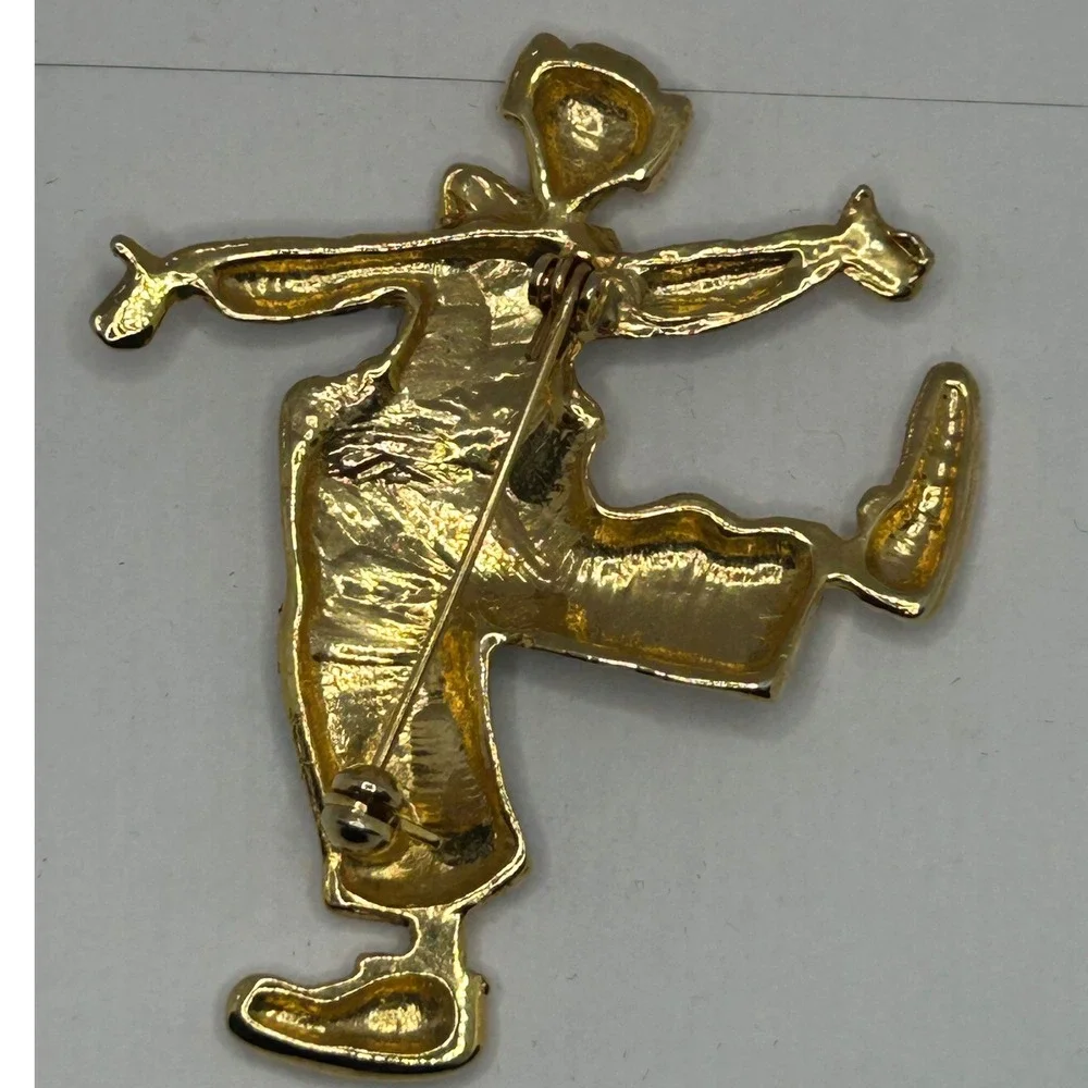 Dancing Circus Clown‎ Brooch Gold tone Multi Enamel Rhinestone Figural Pin